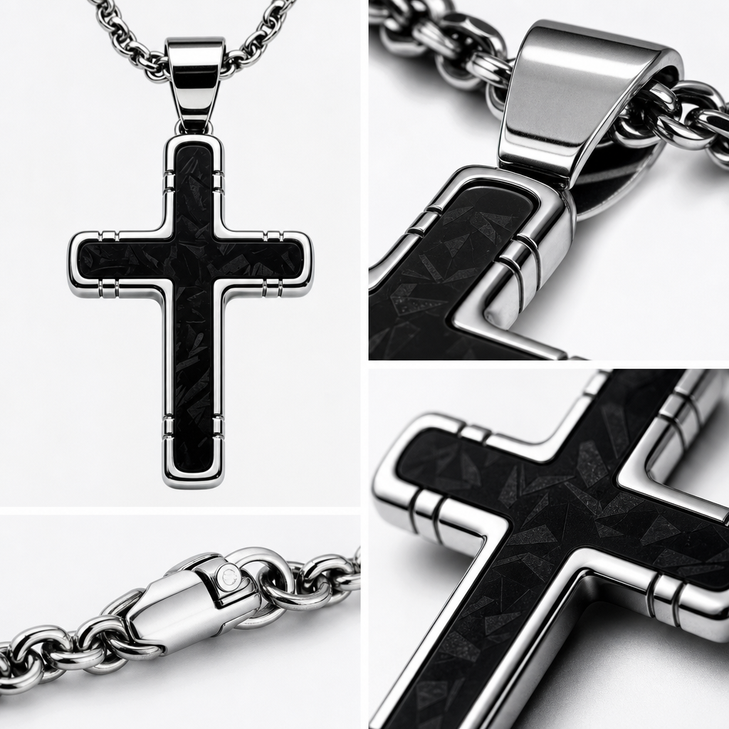 Dark Cross Pendant Necklace | Titanium Steel & Carbon Fiber
