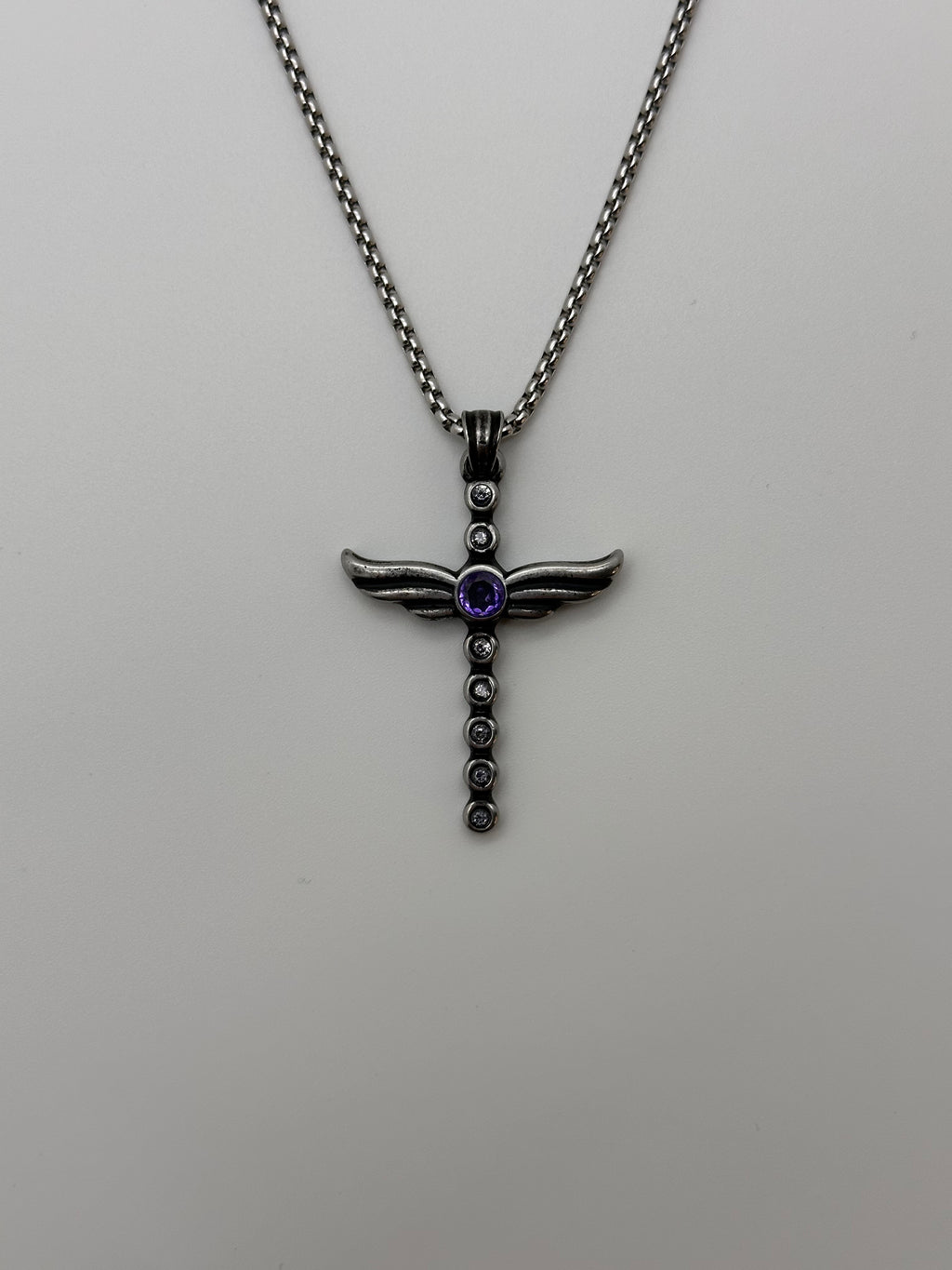Angel Wing Amethyst Diamond Cross Pendant Necklace