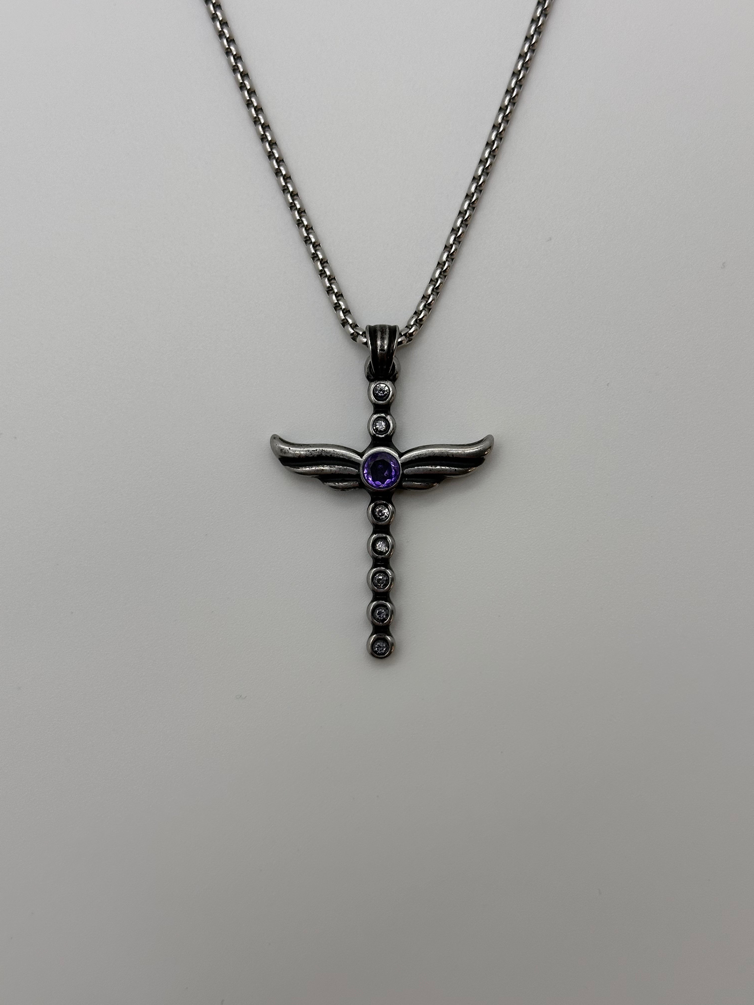 Angel Wing Amethyst Diamond Cross Pendant Necklace