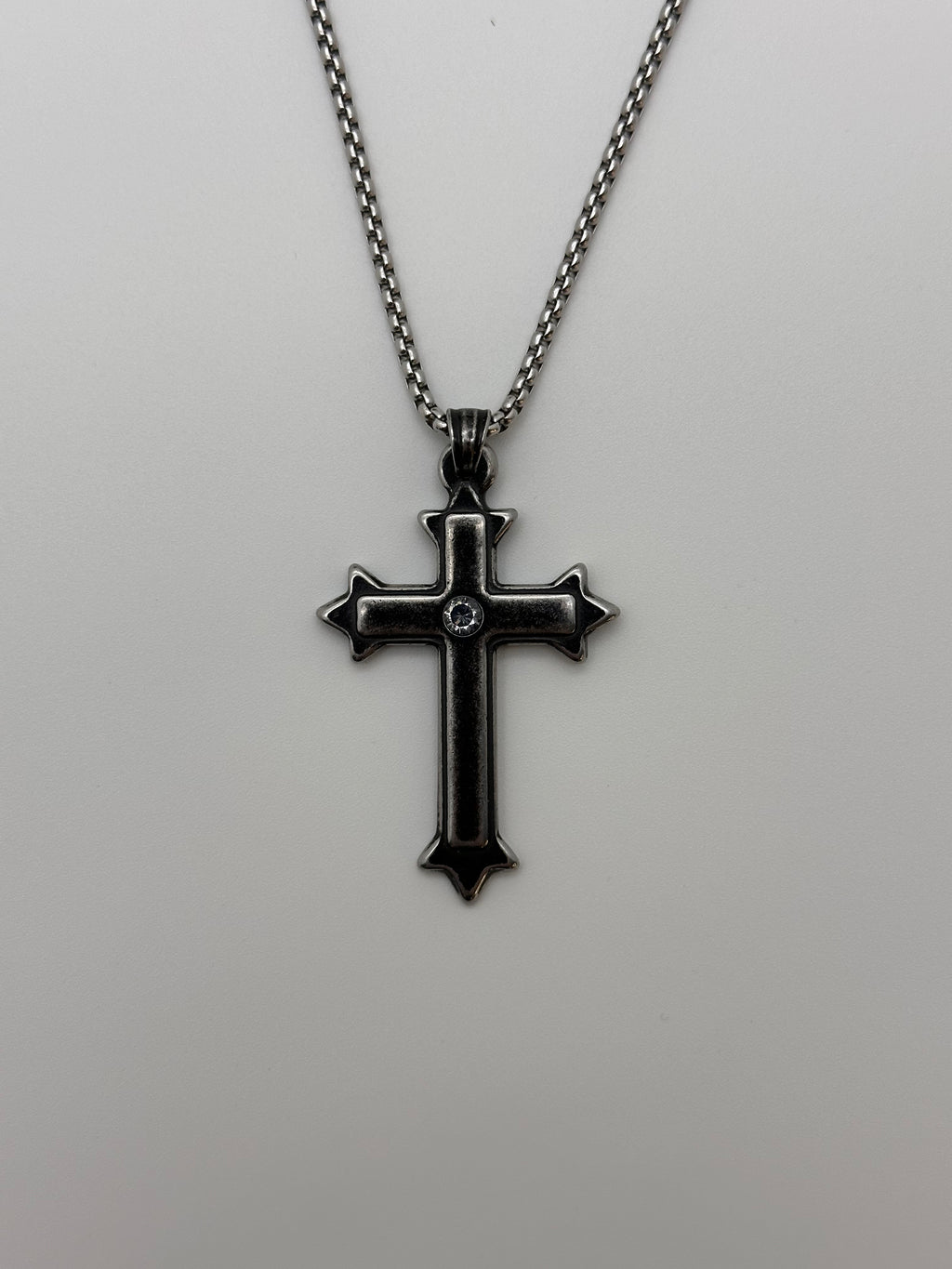 Diamond thorn gothic cross pendant necklace in deep oxidized black titanium steel with box chain