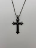 Diamond thorn gothic cross pendant necklace in deep oxidized black titanium steel with box chain