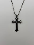 Diamond thorn gothic cross pendant necklace in deep oxidized black titanium steel with box chain