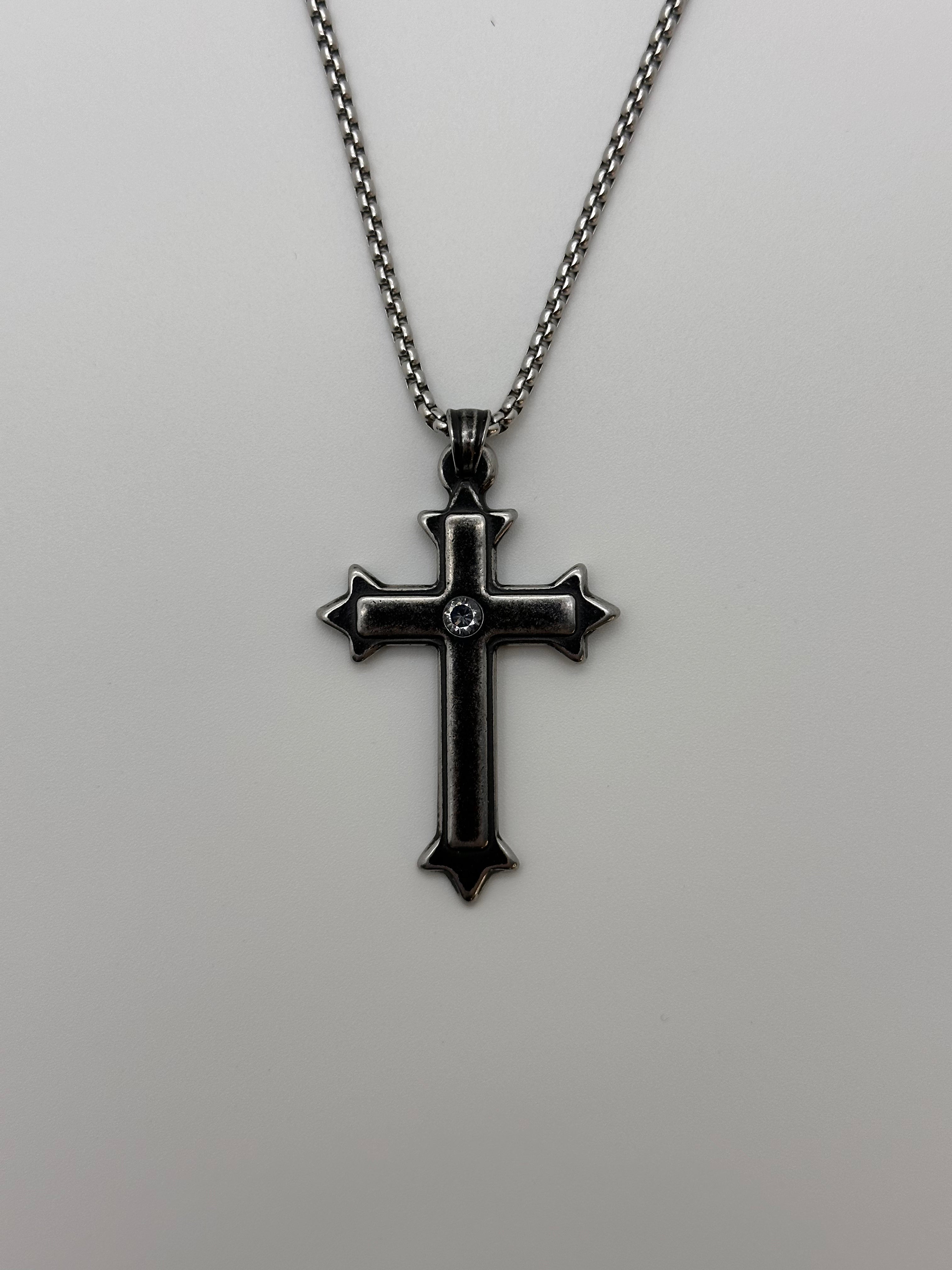 Diamond thorn gothic cross pendant necklace in deep oxidized black titanium steel with box chain