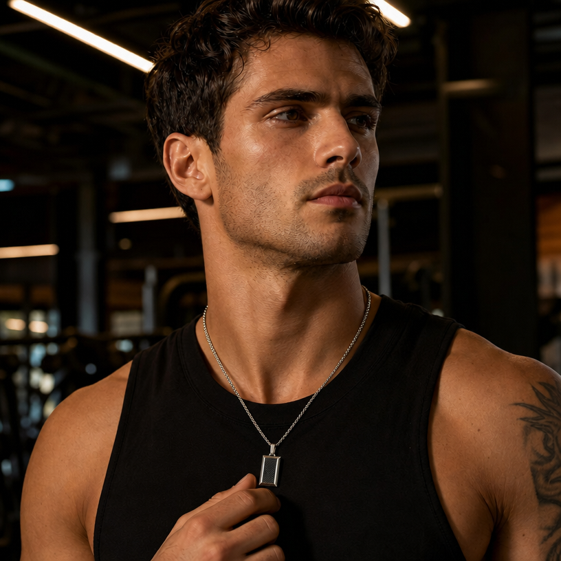 Silver Carbon Fiber Titanium Steel Dog Tag Necklace