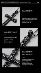 Gothic Demon Rose Vintage Cross Pendant - Men's Titanium Necklace