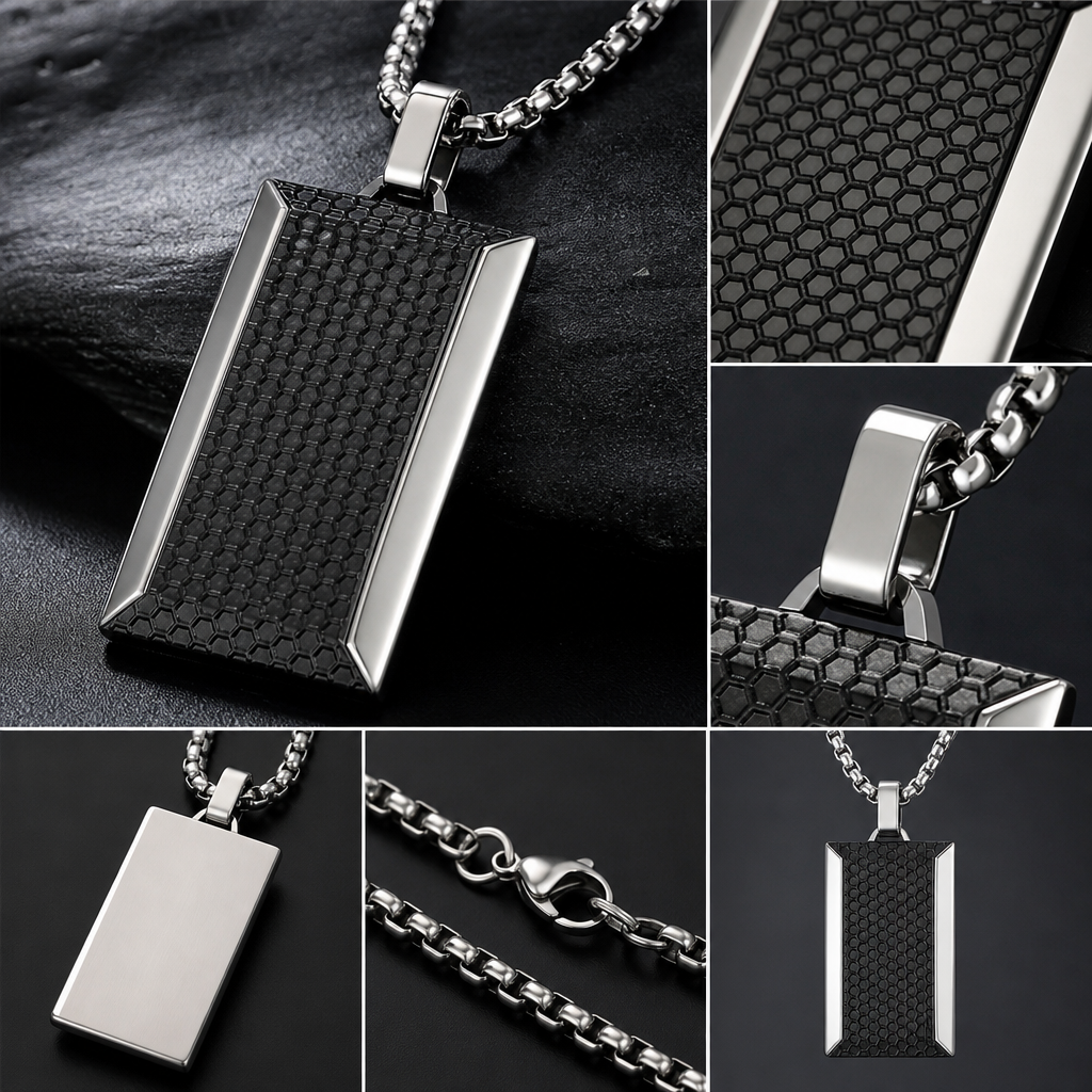 Silver Carbon Fiber Titanium Steel Dog Tag Necklace