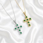 Emerald Green Gemstone Full Diamond Cross Pendant Necklace