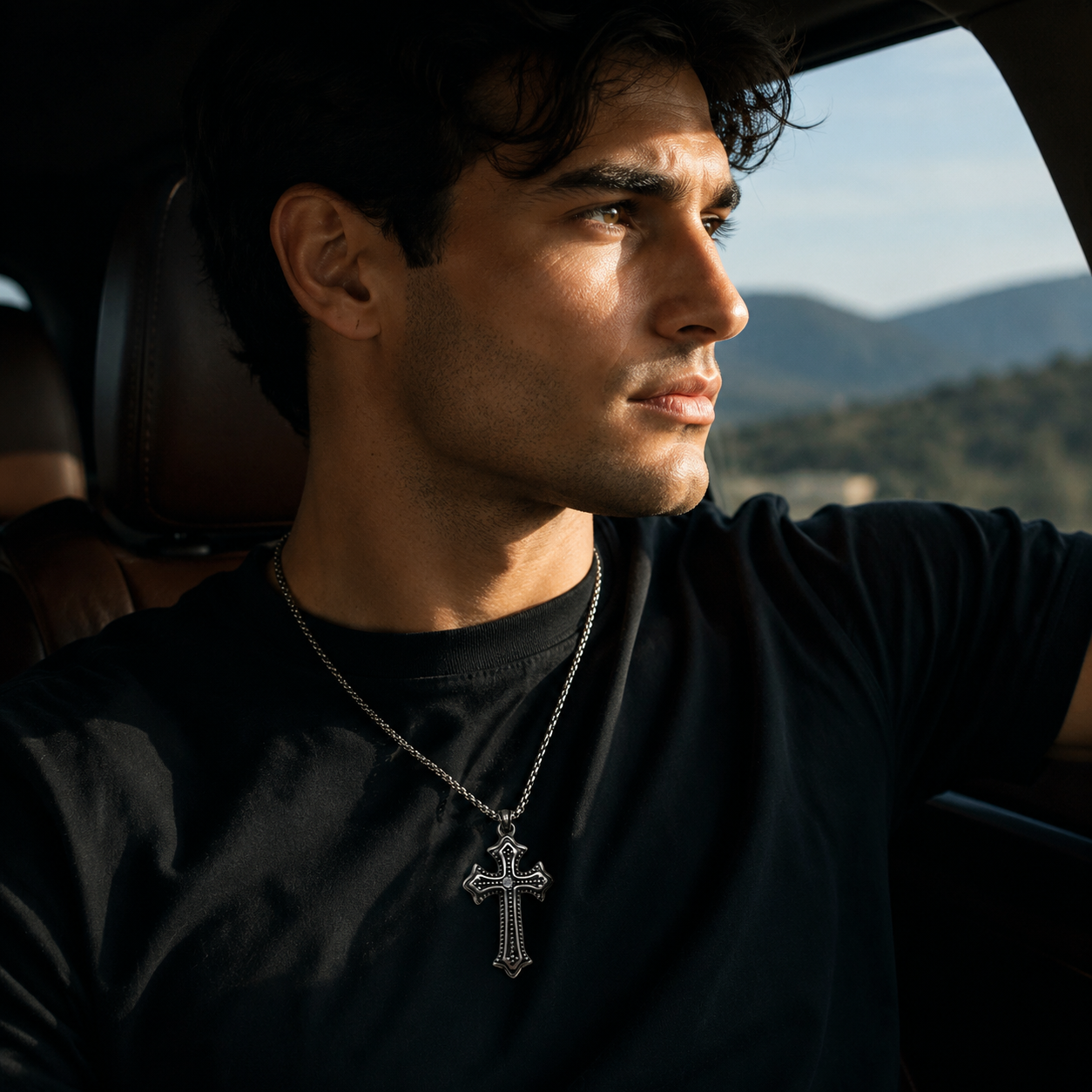 Diamond Center Vintage Cross Pendant Necklace