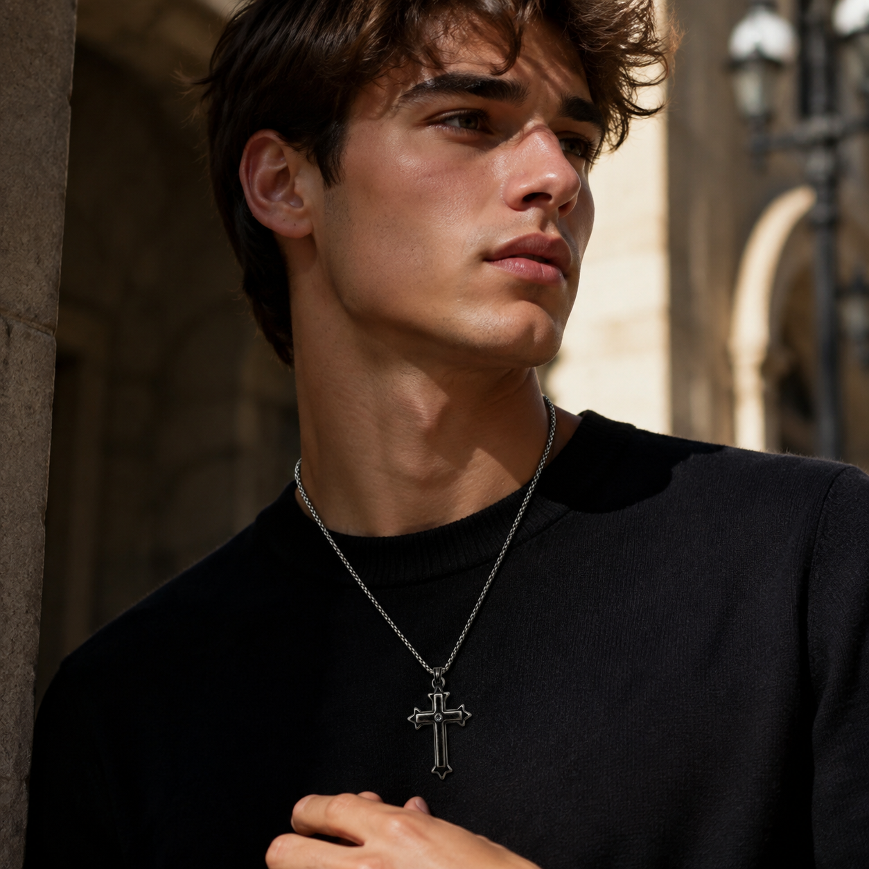 Diamond Thorn Gothic Cross Pendant Necklace