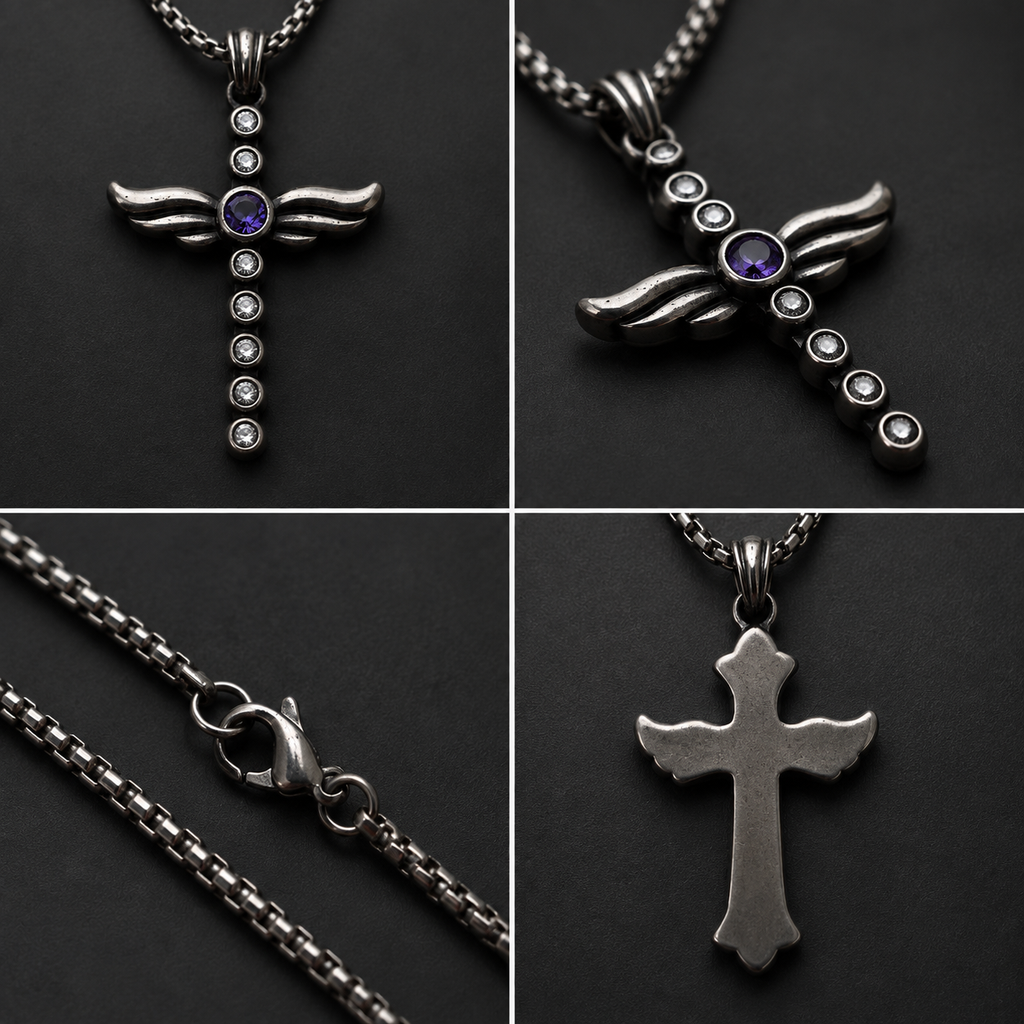 Angel Wing Amethyst Diamond Cross Pendant Necklace