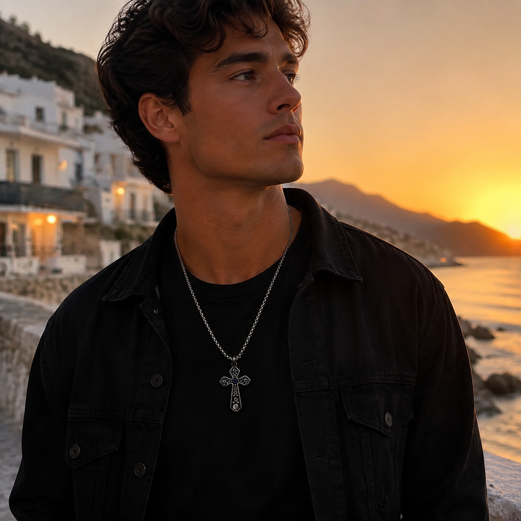 Multi-Diamond Wide Arm Vintage Cross Pendant Necklace