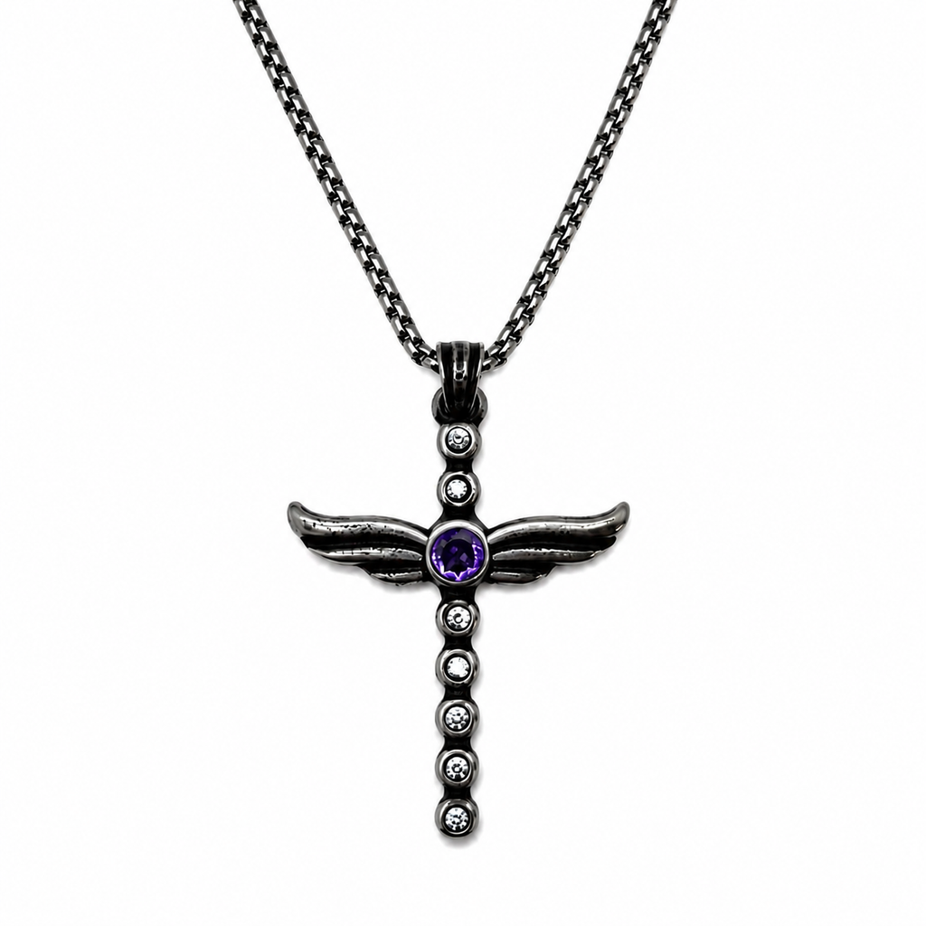 Angel Wing Amethyst Cross Pendant Necklace - Gothic Streetwear