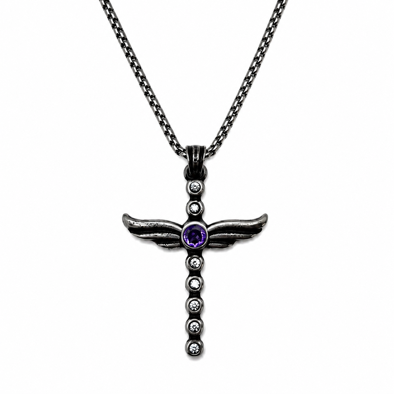 Angel Wing Amethyst Diamond Cross Pendant Necklace