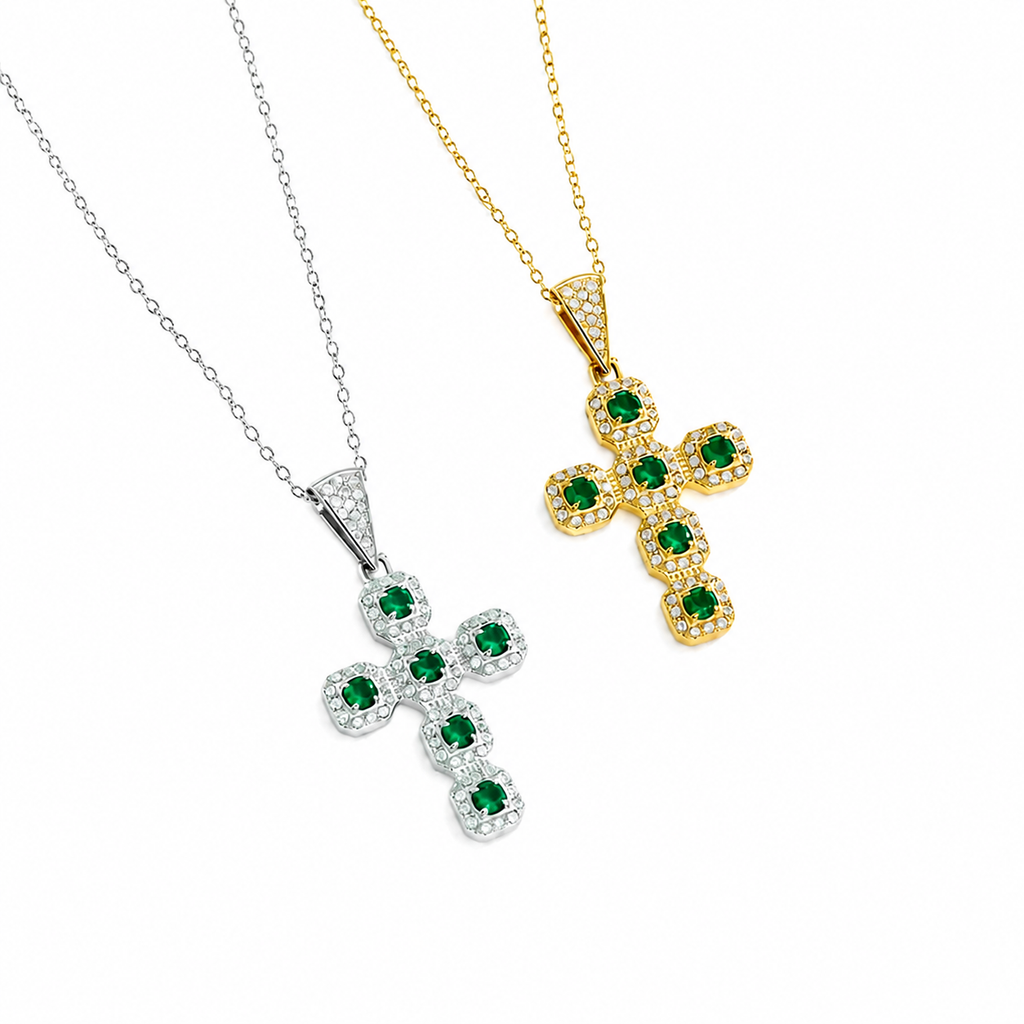Emerald Green Gemstone Diamond Cross Pendant