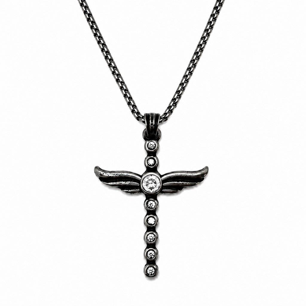 Angel Wing Amethyst Cross Pendant Necklace - Gothic Streetwear