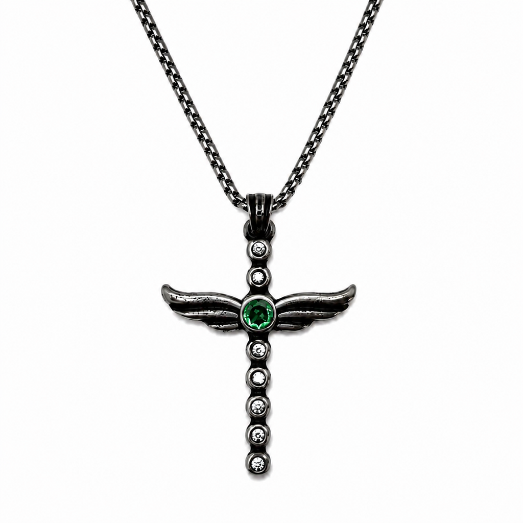 Angel Wing Amethyst Cross Pendant Necklace - Gothic Streetwear