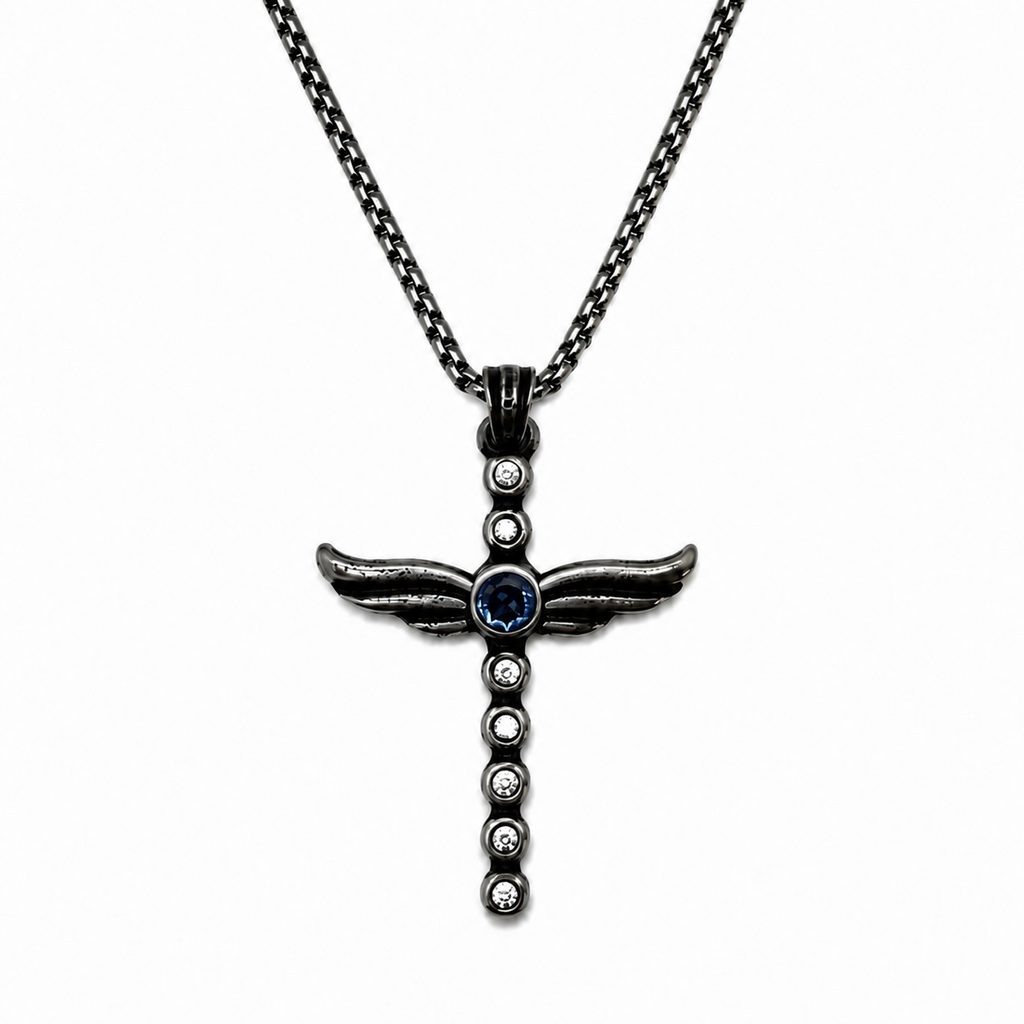 Angel Wing Amethyst Cross Pendant Necklace - Gothic Streetwear