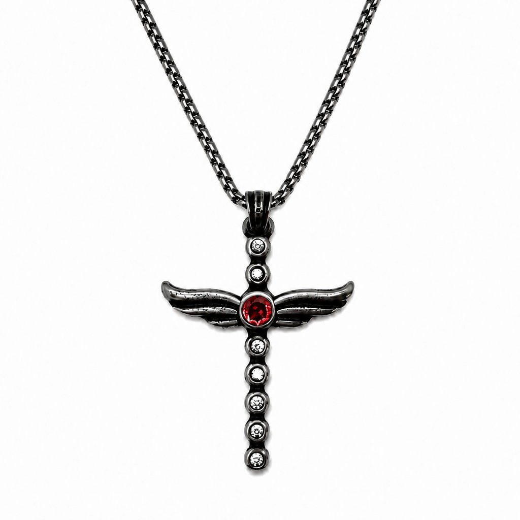 Angel Wing Amethyst Cross Pendant Necklace - Gothic Streetwear