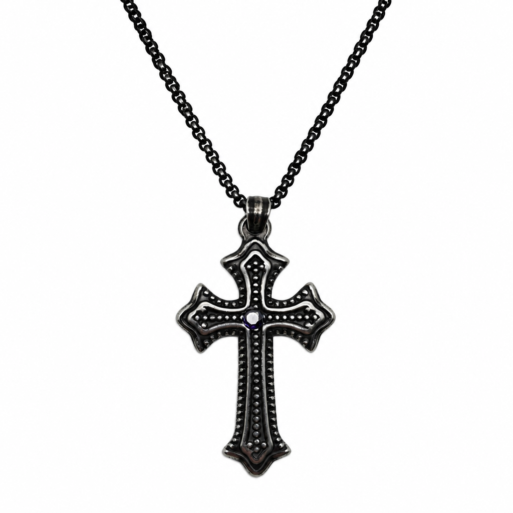 Diamond Center Vintage Cross Pendant Necklace - Gothic Streetwear