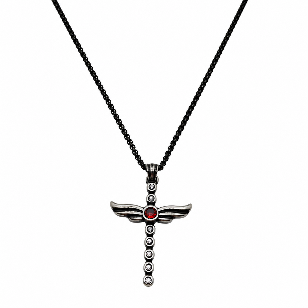Angel Wing Amethyst Cross Pendant Necklace - Gothic Streetwear