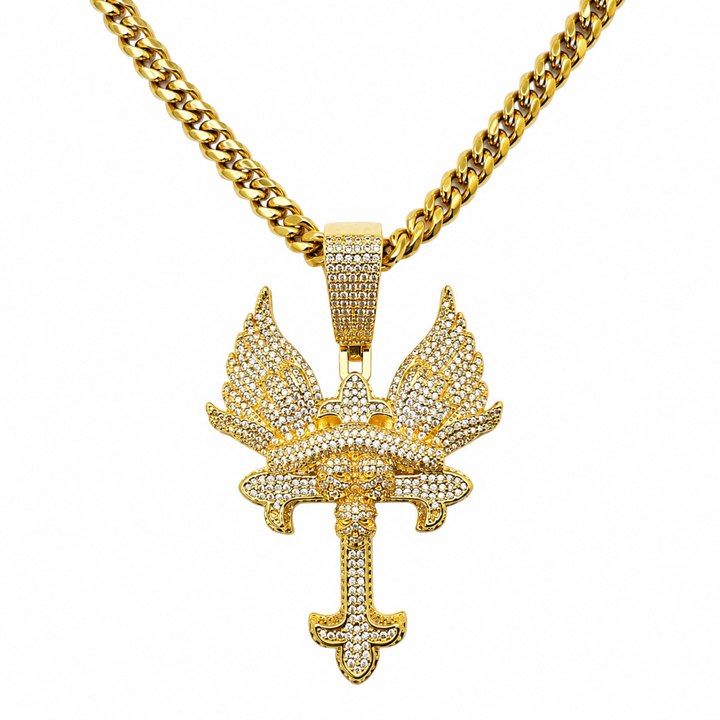 Iced Out Angel Wings Cross Pendant - Gothic Streetwear Jewelry