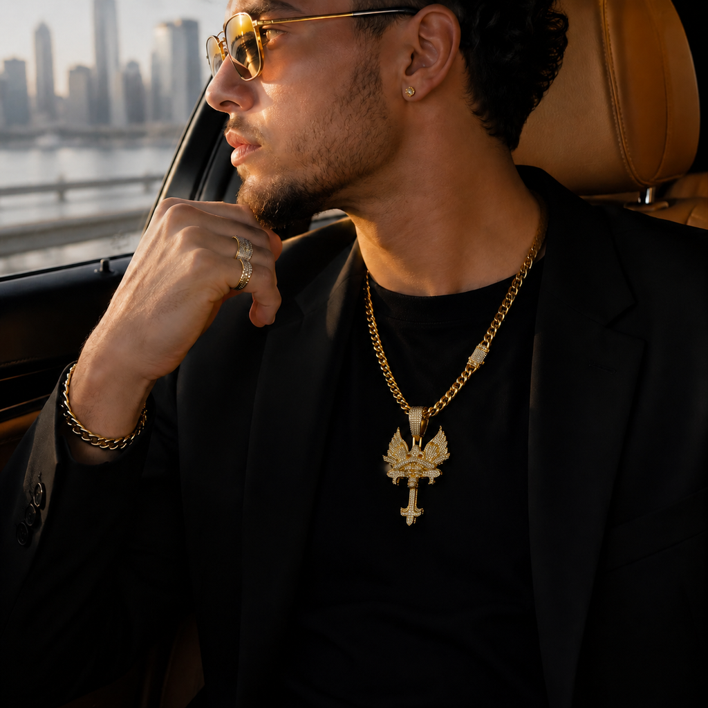 Iced Out Angel Wings Cross Pendant - Gothic Streetwear Jewelry
