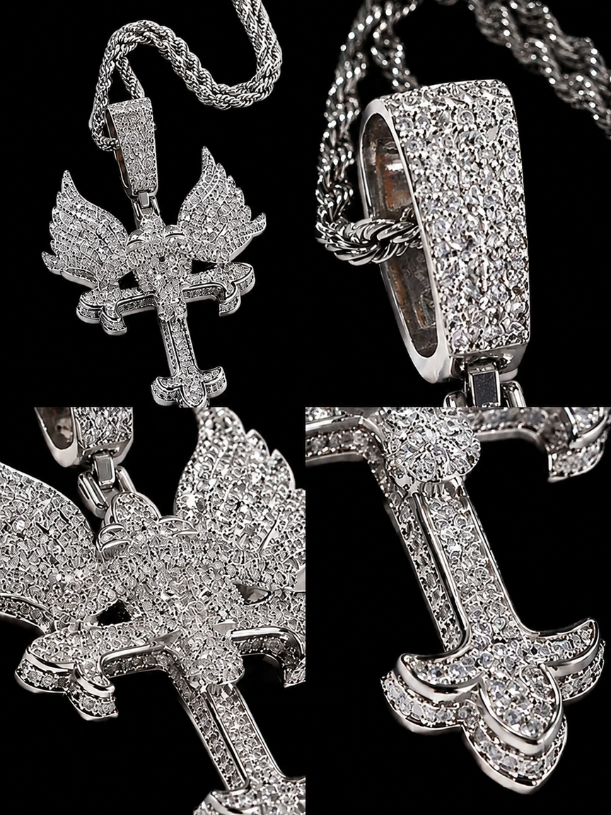 Iced Out Angel Wings Cross Pendant - Gothic Streetwear Jewelry