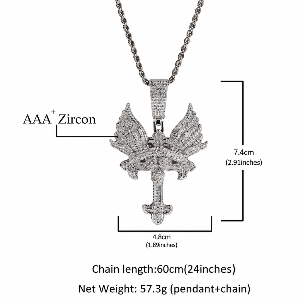Iced Out Angel Wings Cross Pendant - Gothic Streetwear Jewelry