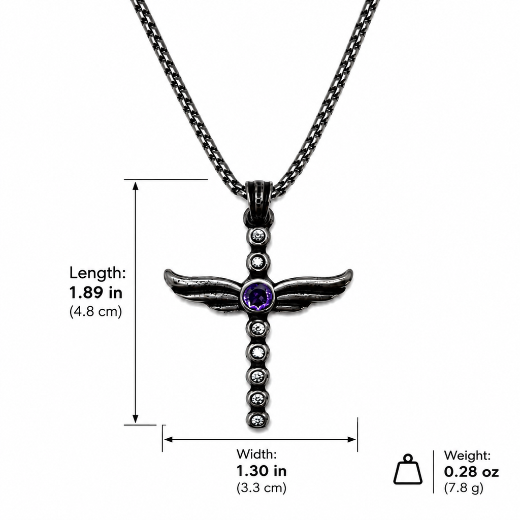 Angel Wing Amethyst Cross Pendant Necklace - Gothic Streetwear