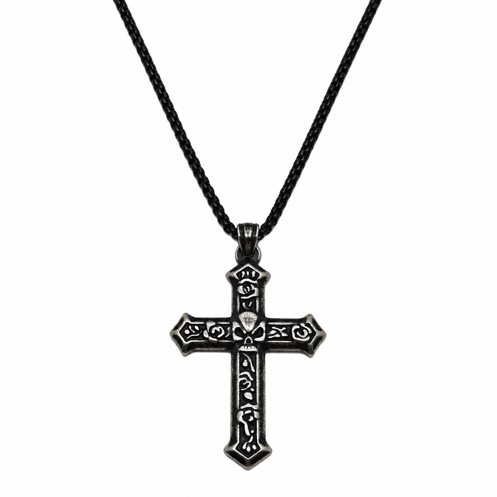 Gothic Demon Rose Vintage Cross Pendant - Men's Titanium Necklace