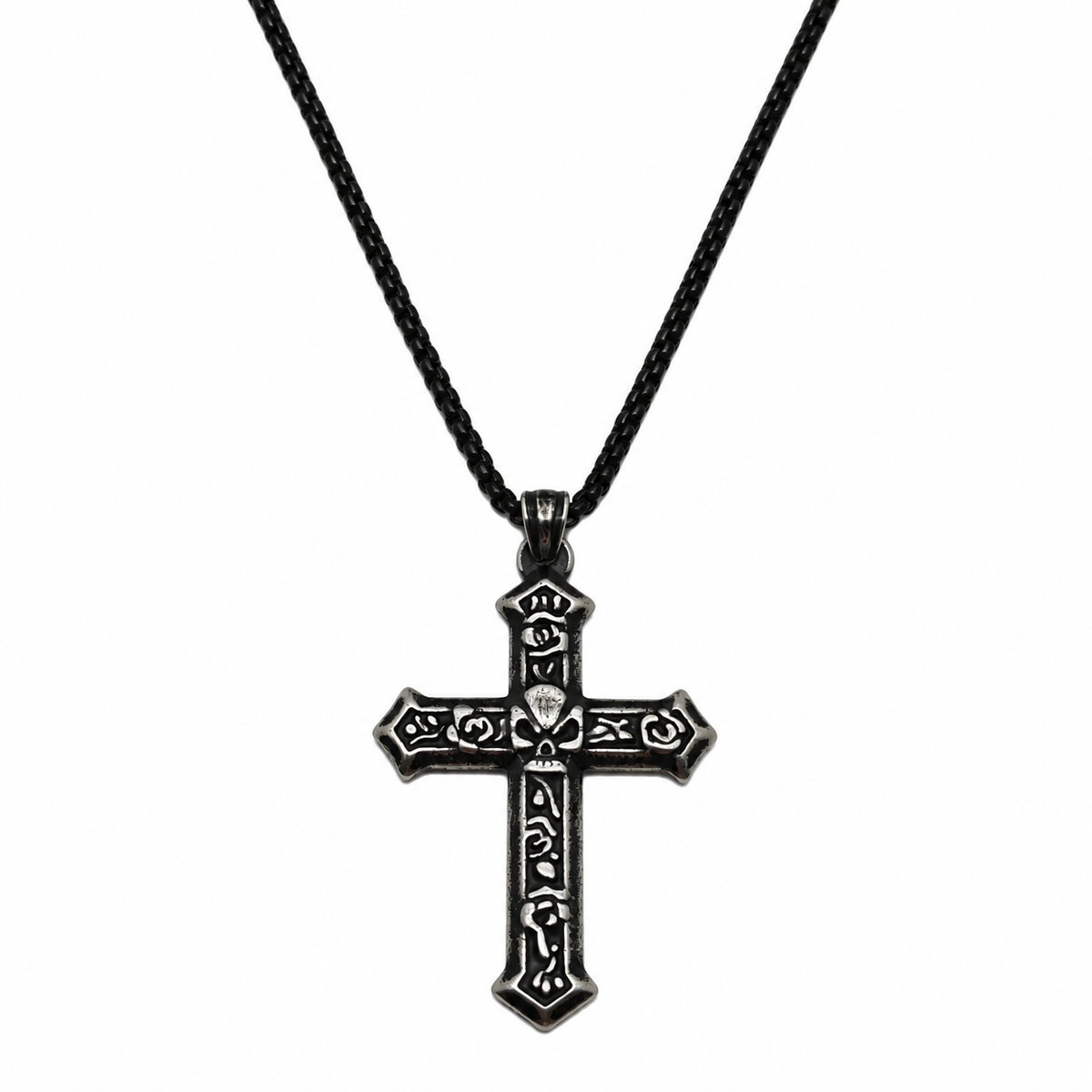 Gothic Demon Rose Vintage Cross Pendant - Men's Titanium Necklace