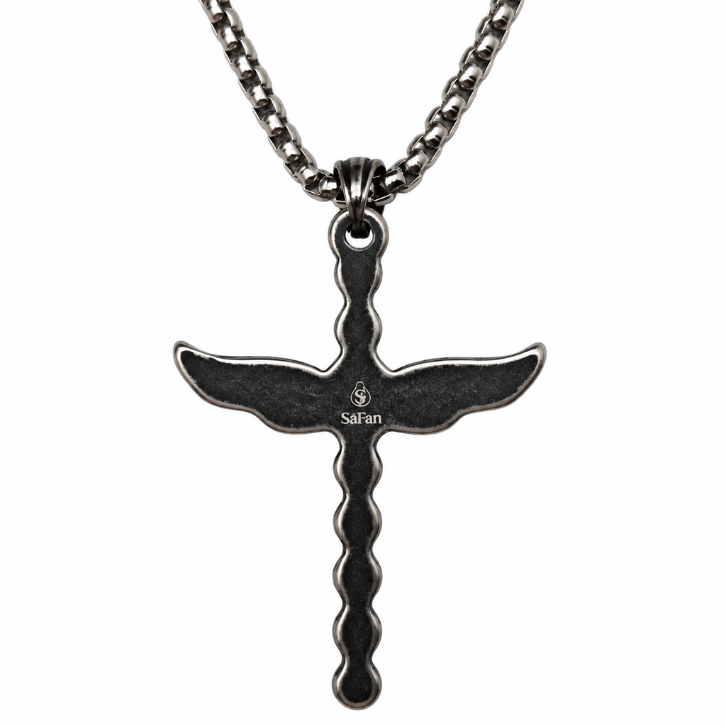 Angel Wing Amethyst Cross Pendant Necklace - Gothic Streetwear