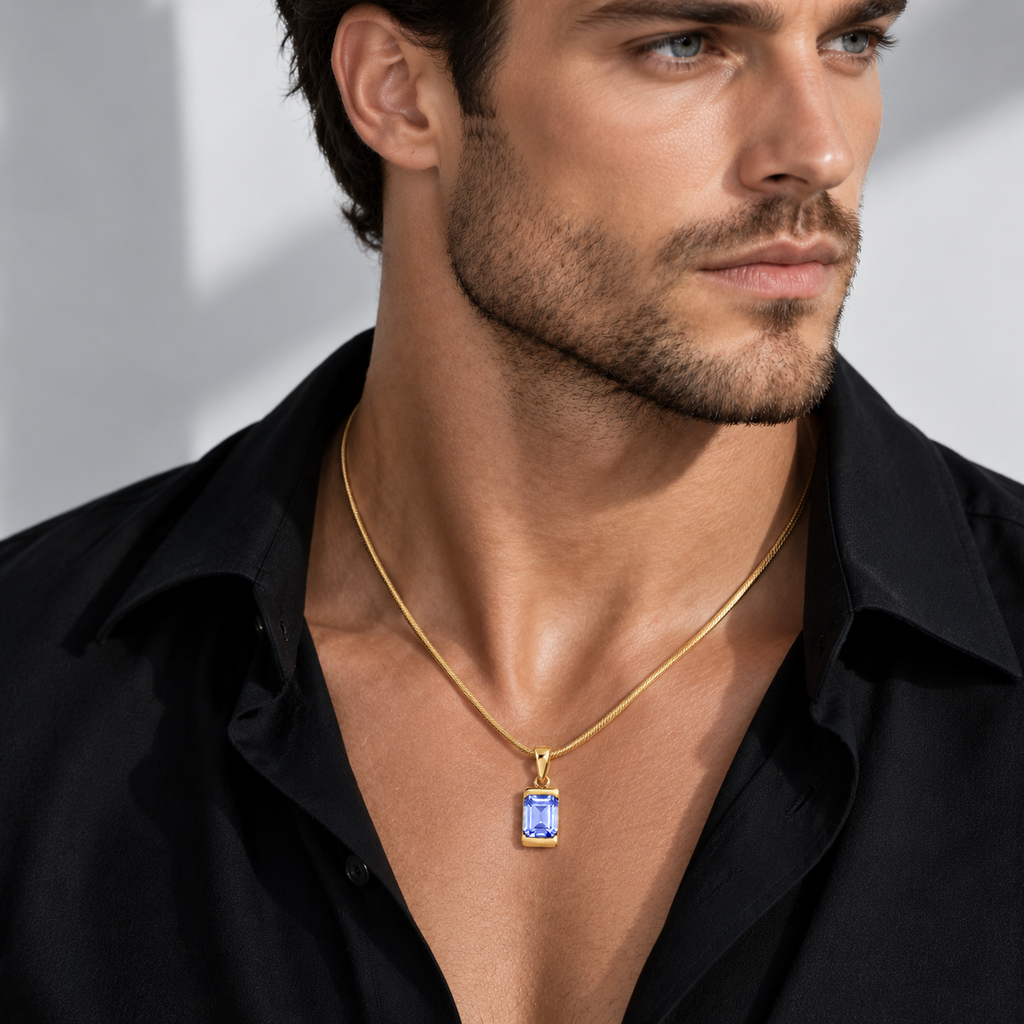 18K Gold Plated Men's Gemstone Pendant Necklace