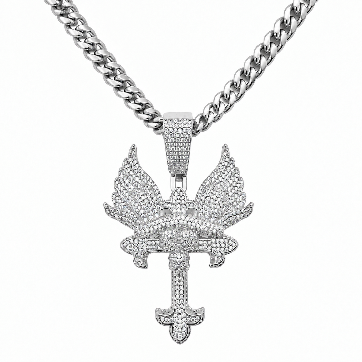 Iced Out Angel Wings Cross Pendant - Gothic Streetwear Jewelry