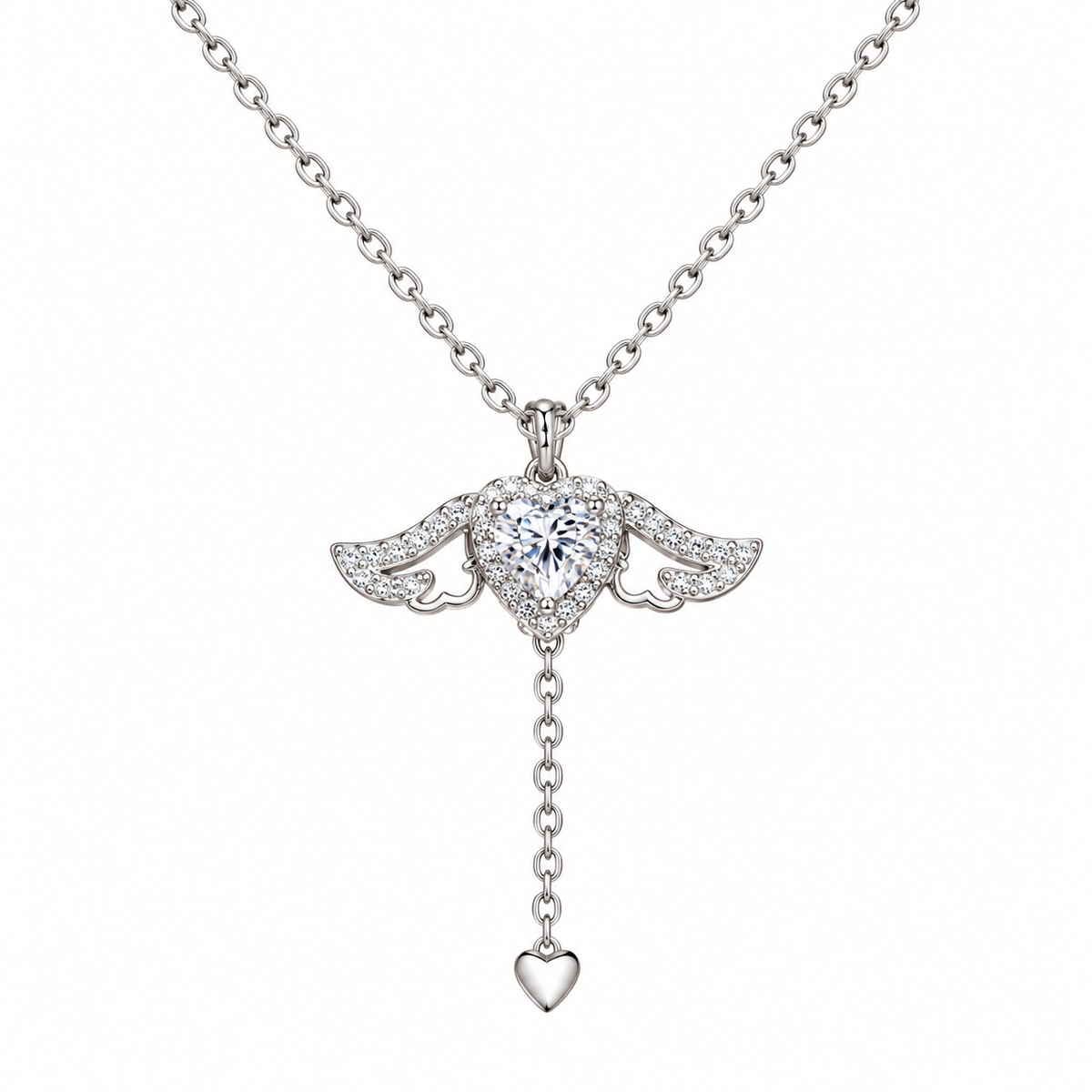 S925 Sterling Silver Angel Wing UV Color-Changing Heart Pendant Necklace - Shifts to Purple