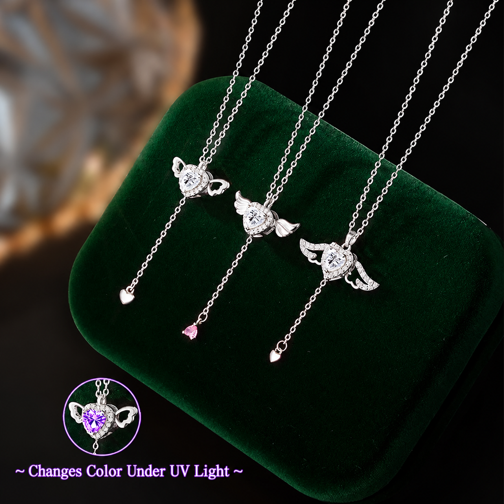 S925 Sterling Silver Angel Wing UV Color-Changing Heart Pendant Necklace - Shifts to Purple