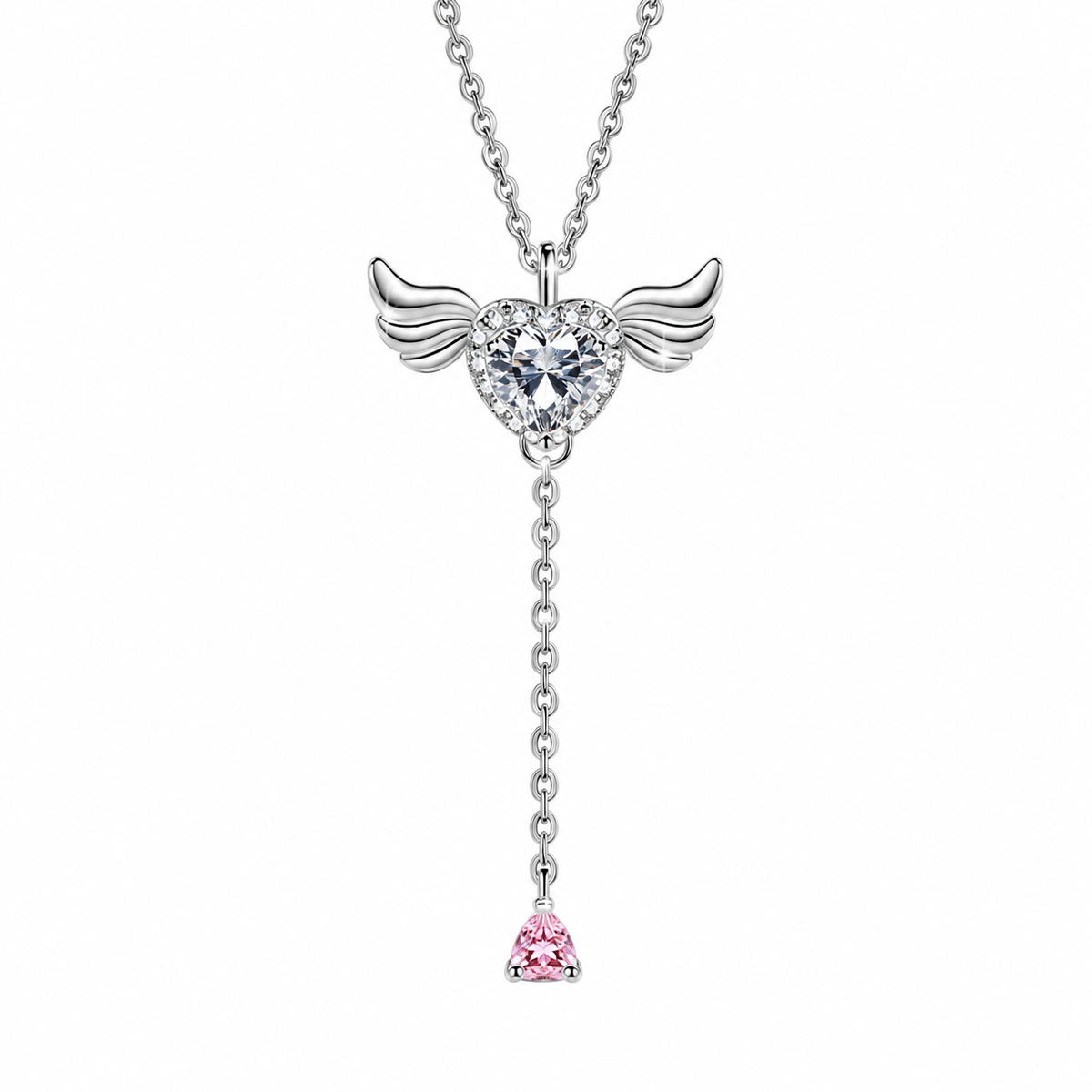 S925 Sterling Silver Angel Wing UV Color-Changing Heart Pendant Necklace - Shifts to Purple