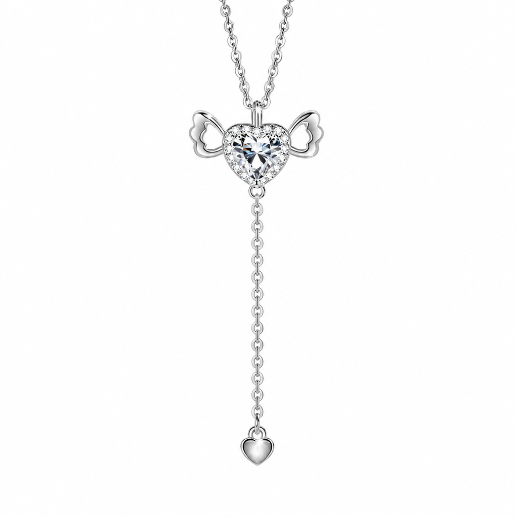 S925 Sterling Silver Angel Wing UV Color-Changing Heart Pendant Necklace - Shifts to Purple