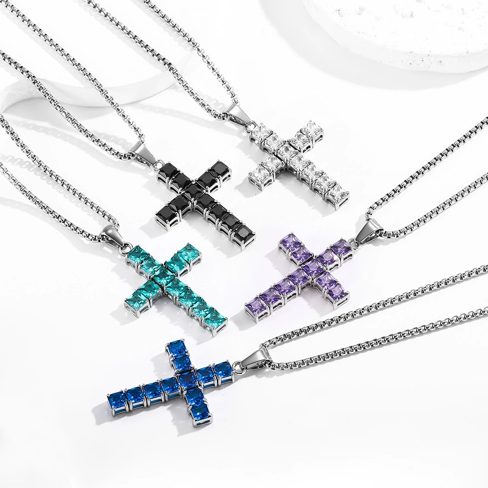 Square Gemstone Cross Necklace