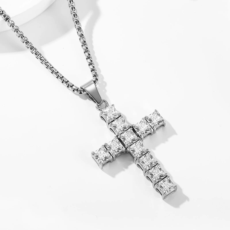 Square Gemstone Cross Necklace - Unisex Streetwear Jewelry