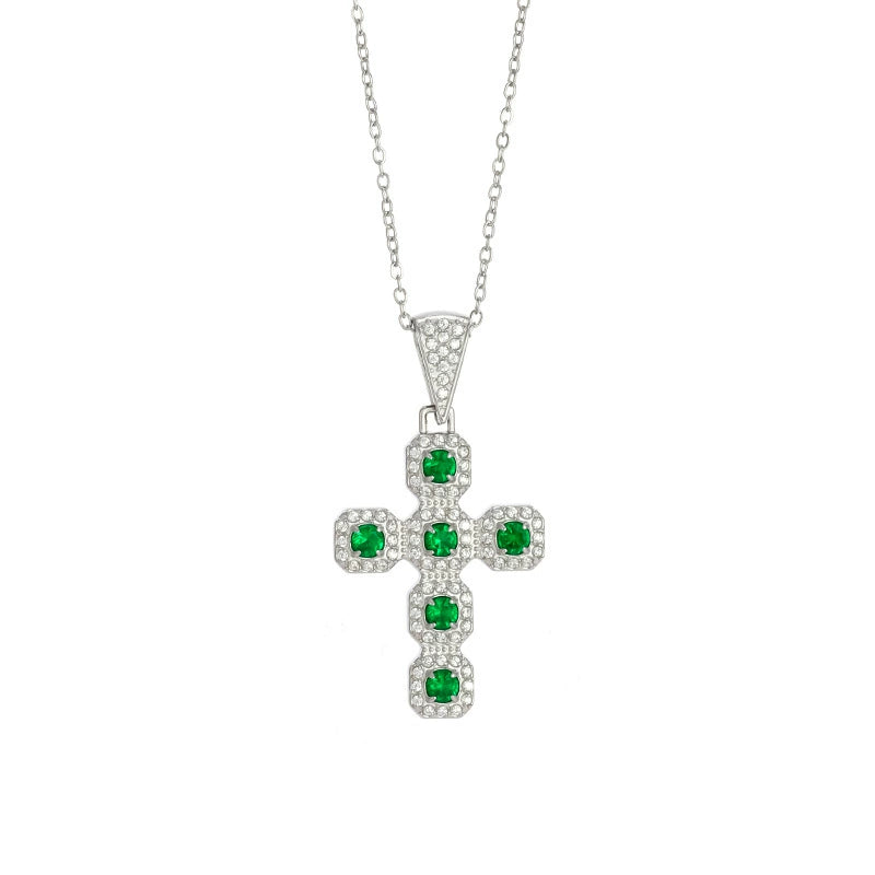 Emerald Green Gemstone Full Diamond Cross Pendant Necklace