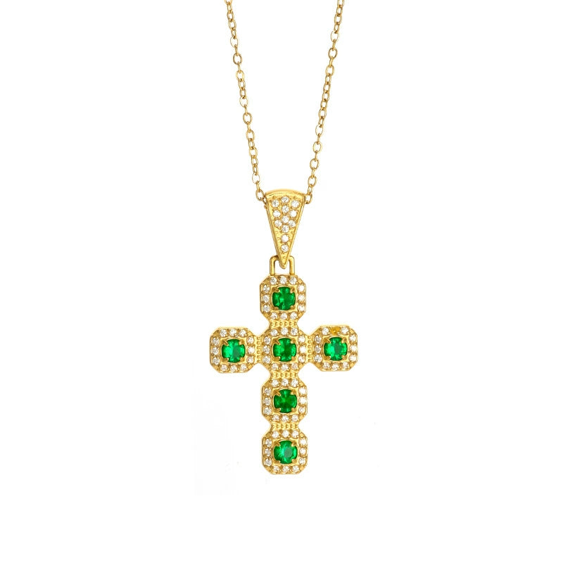 Emerald Green Gemstone Diamond Cross Pendant