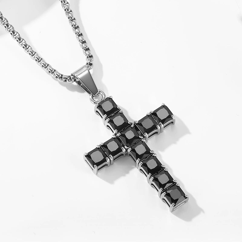 Square Gemstone Cross Necklace - Unisex Streetwear Jewelry