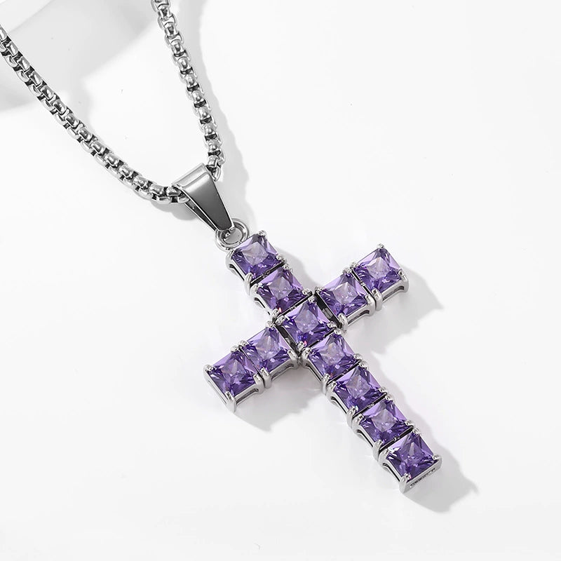Square Gemstone Cross Necklace - Unisex Streetwear Jewelry