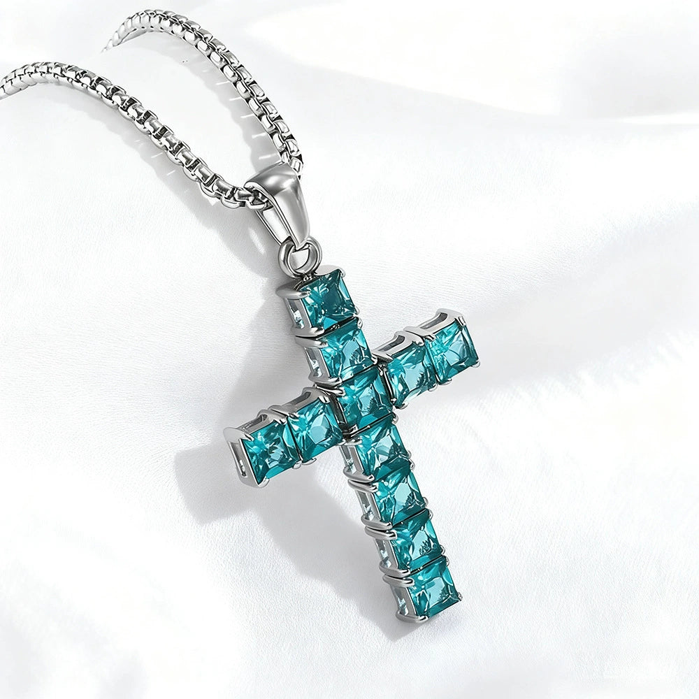 Square Gemstone Cross Necklace - Unisex Streetwear Jewelry