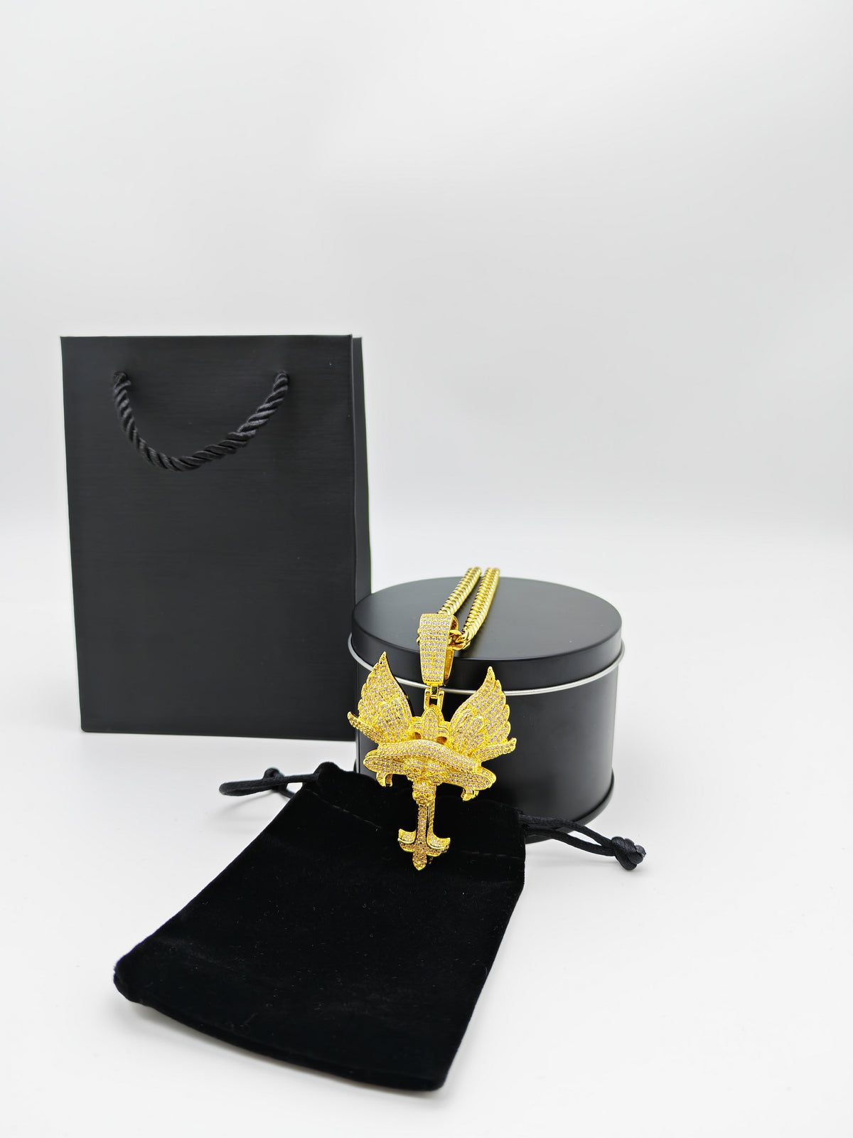 Iced Out Angel Wings Cross Pendant - Gothic Streetwear Jewelry